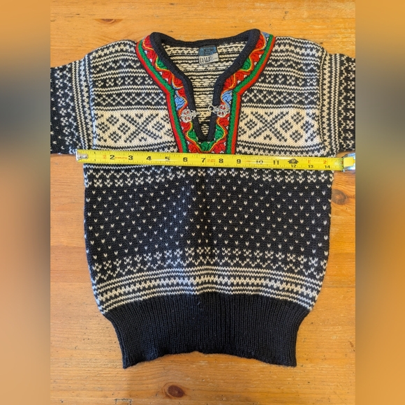 Dale of Norway Black and White Sweater with Red and Green Accents - Picture 5 of 6